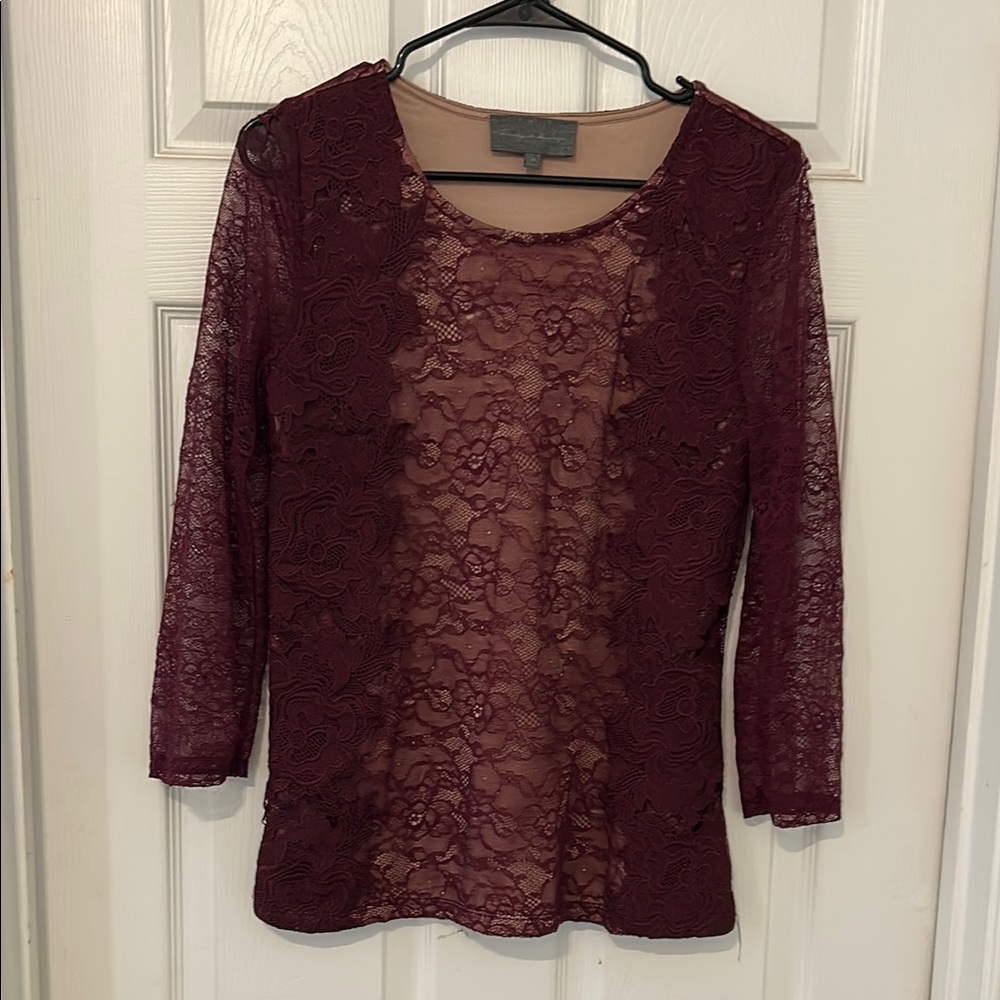 Sunday in Brooklyn Red 3/4 Sleeve Blouse with lace Fabric overlay